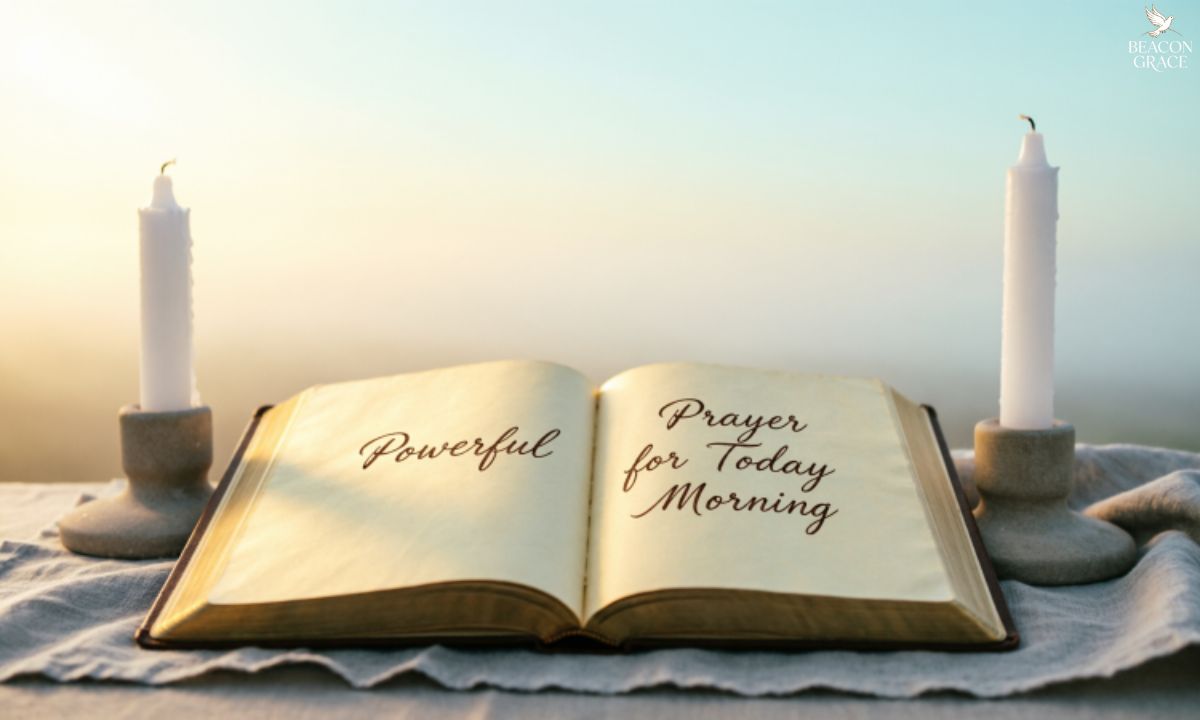 Open Bible with candles at sunrise – morning prayers for today